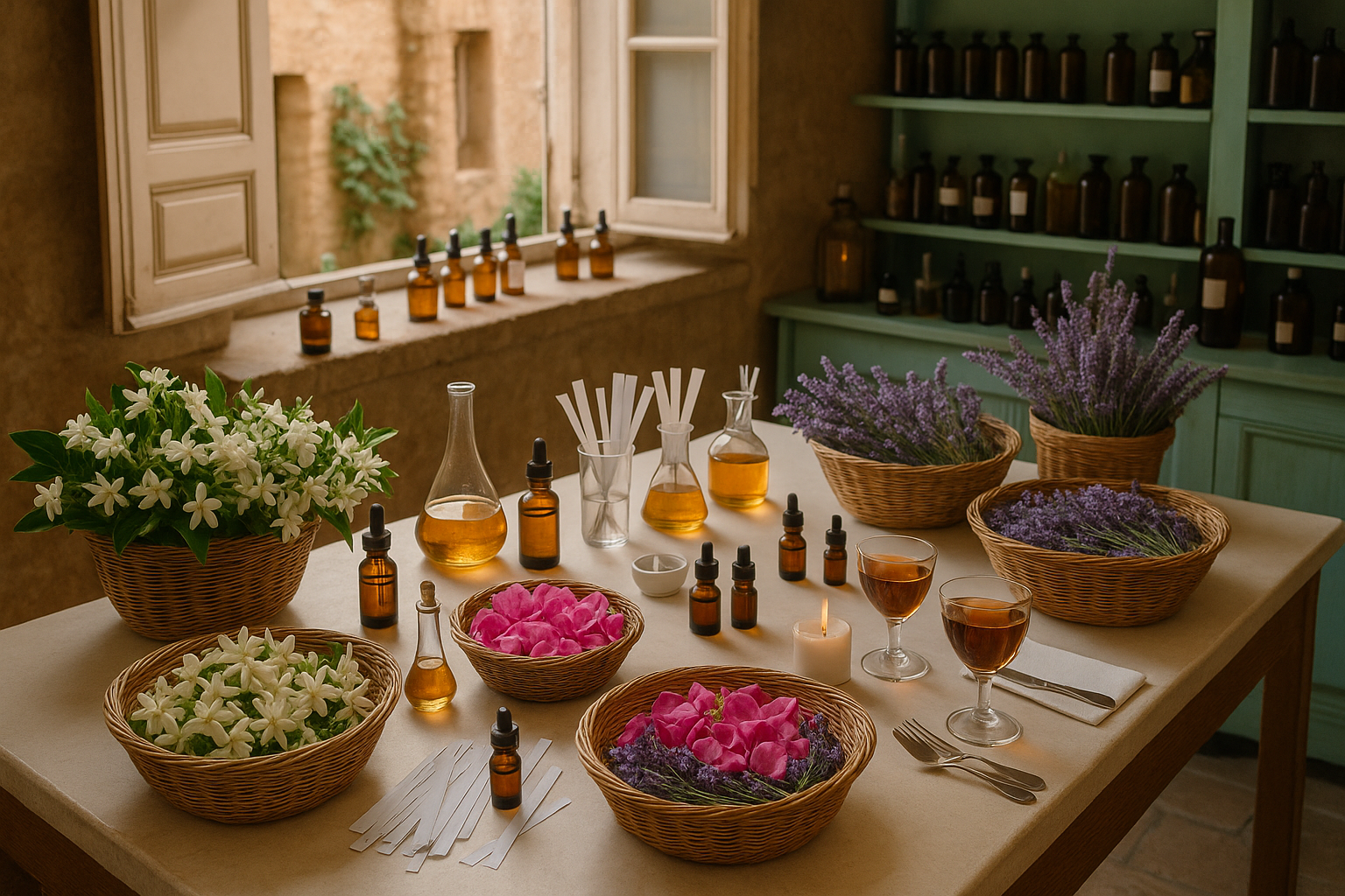 Mesa de perfumería con frascos, flores y materias primas aromáticas