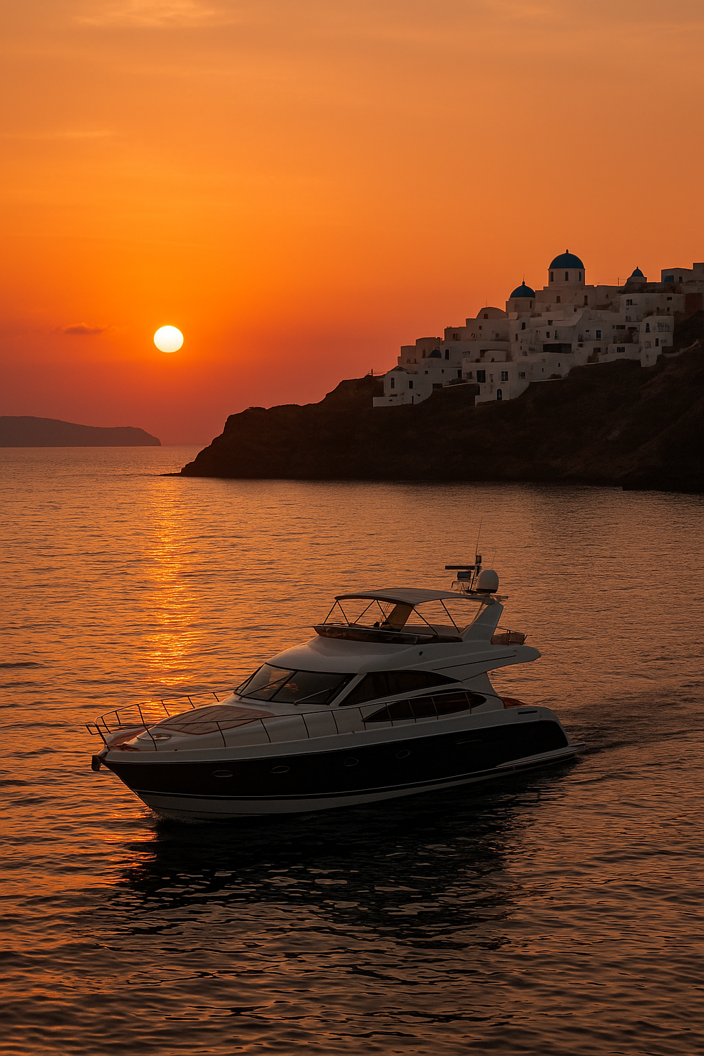Yate privado al atardecer Santorini Grecia