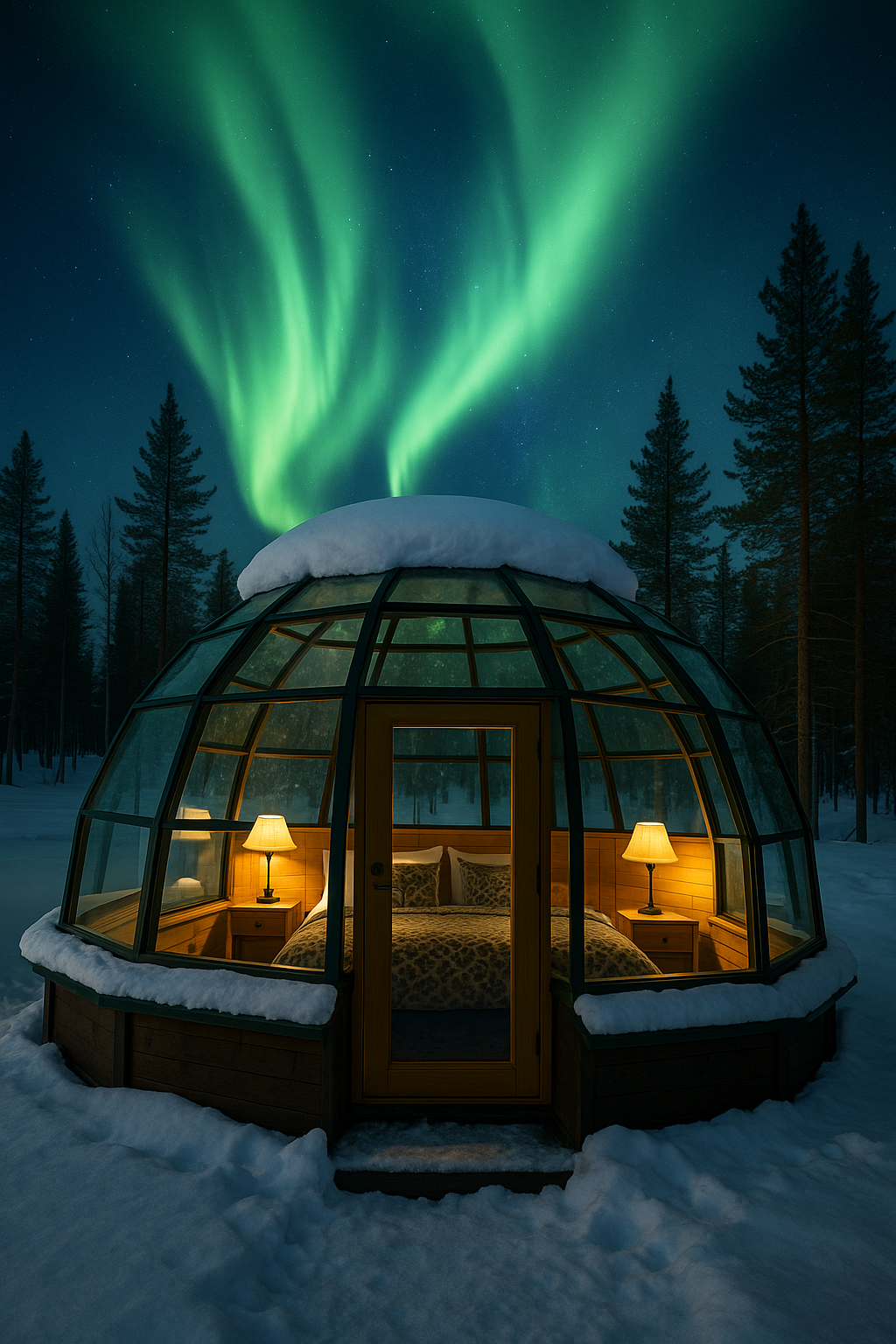Dîner dans un igloo à l'aube en Laponie