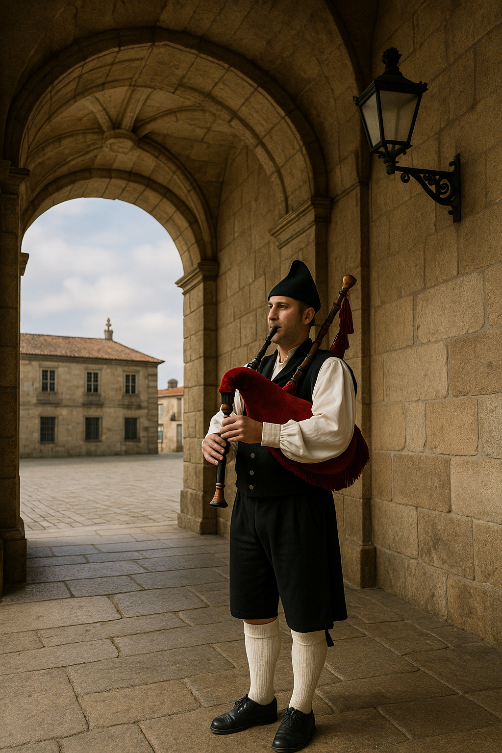 Gaitero tradicional bajo un arco en Santiago de Compostela