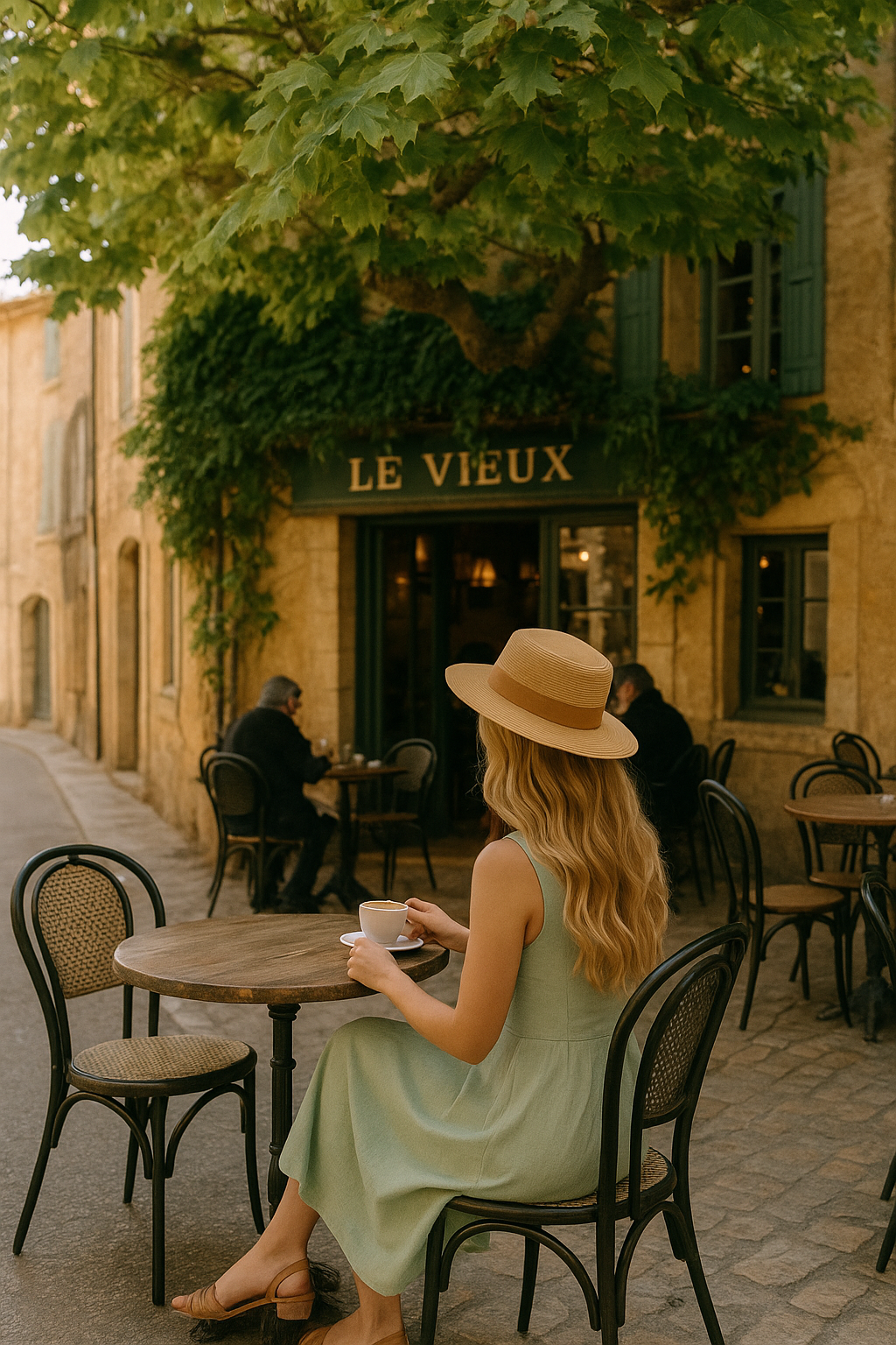 Mujer sentada en un café de la Provenza