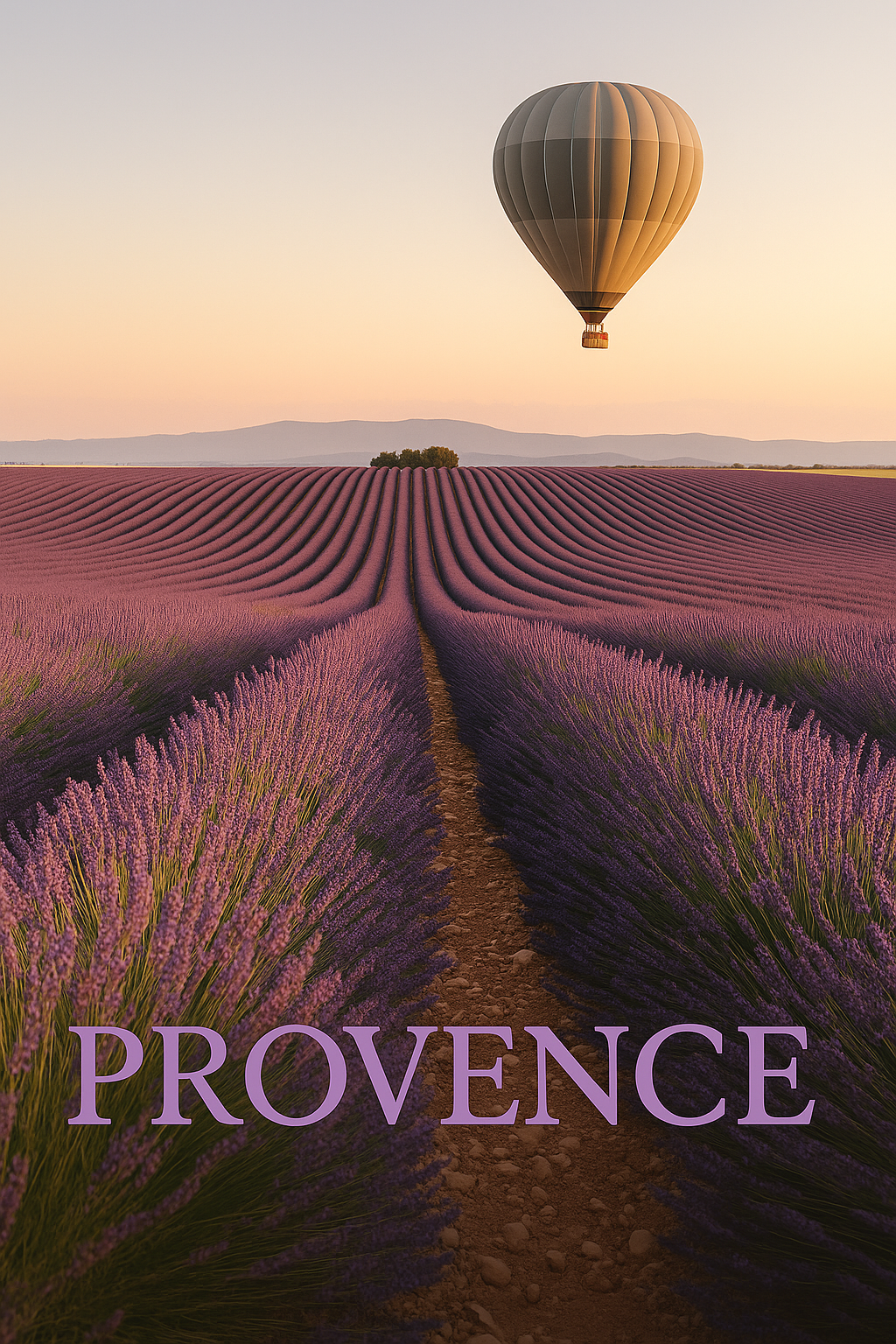 Campos de lavanda en Provenza con globo al fondo