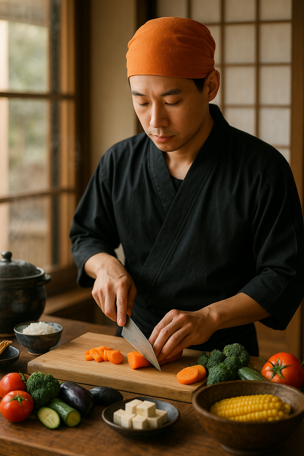 Young Japanese cook slicing carrot in traditional kitchen