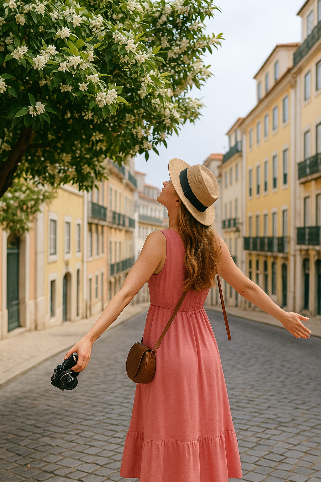 Woman in pink dress enjoying the scent of orange blossoms in Lisbon