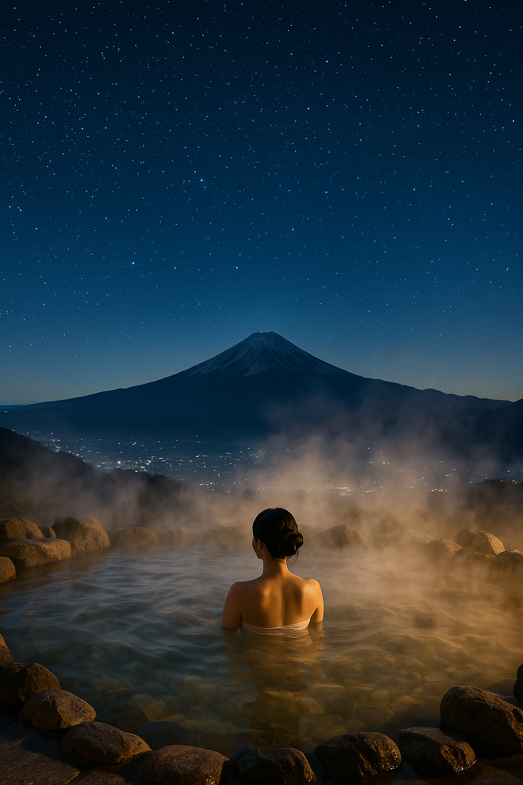 Chica en onsen mirando al Monte Fuji bajo cielo estrellado