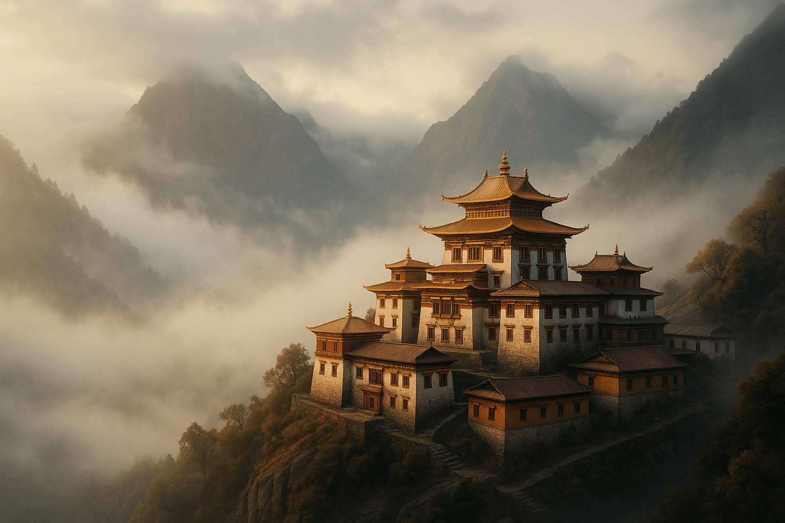 Monasterio tibetano entre montañas y bruma al amanecer
