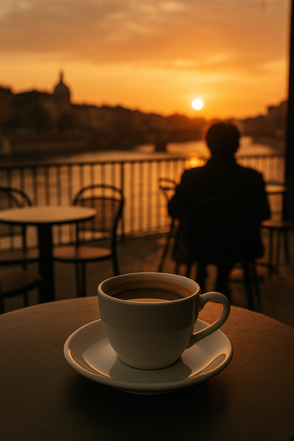 Café al atardecer en un viaje