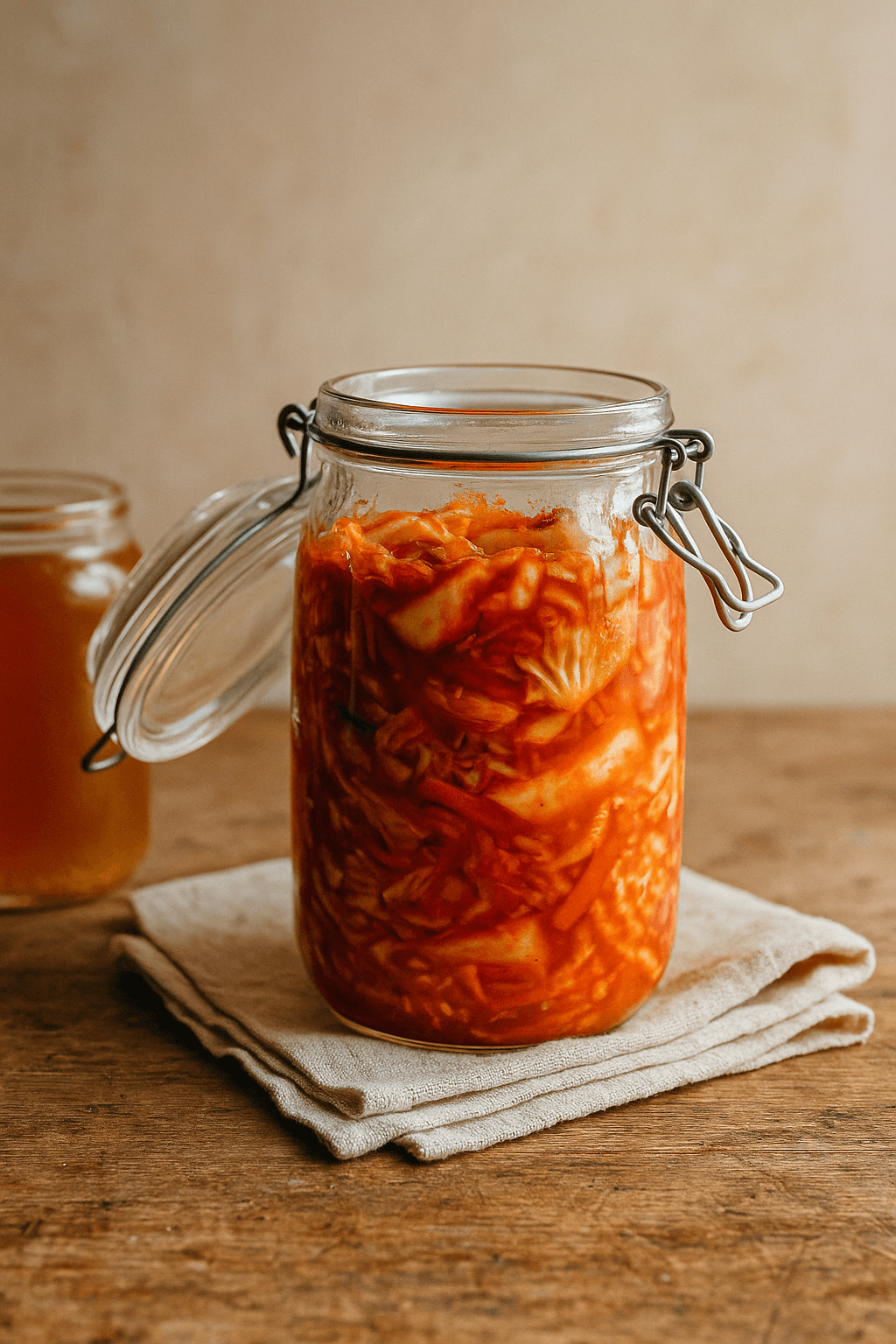 Frascos de fermentados caseros en mesa de madera