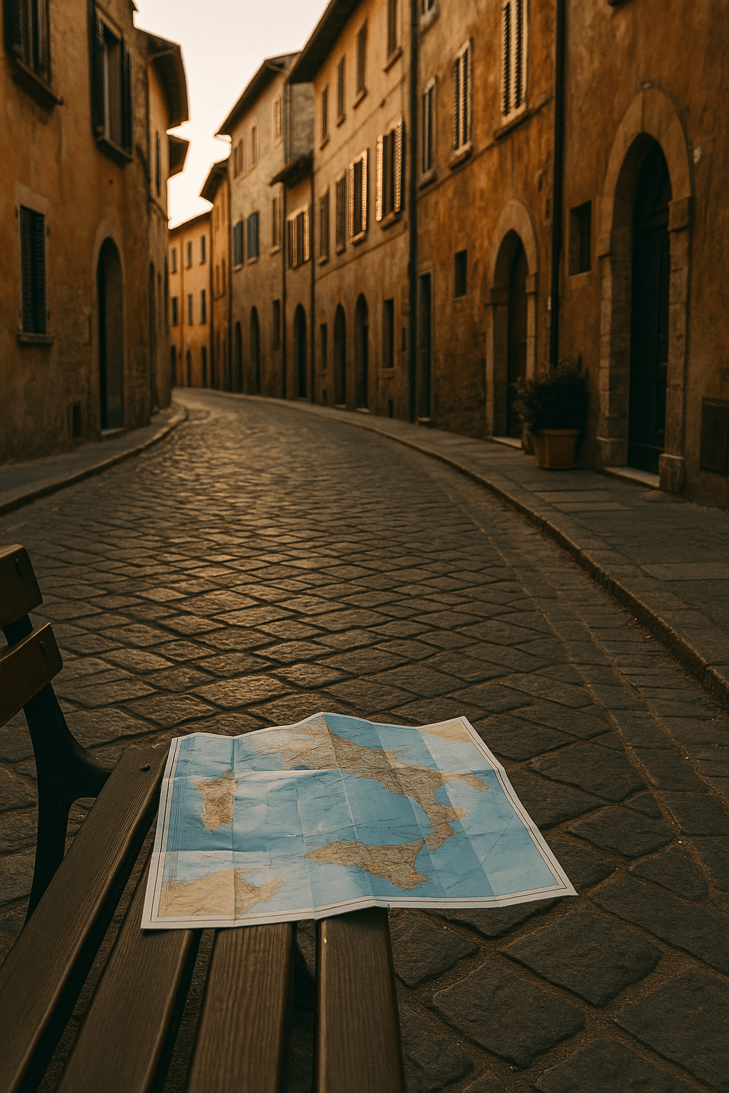 Old cobblestone street in a European city at sunset with open map on a bench