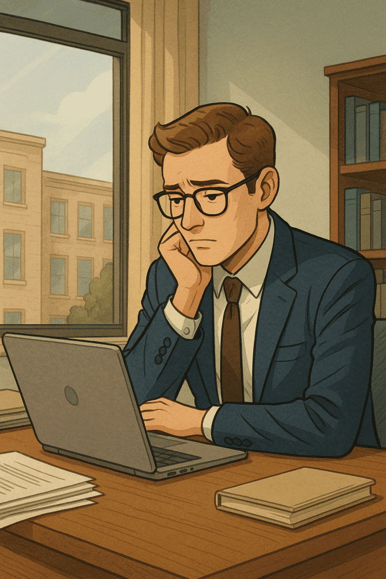 "The Journeys of Miles – Miles at his desk, worried and thoughtful"