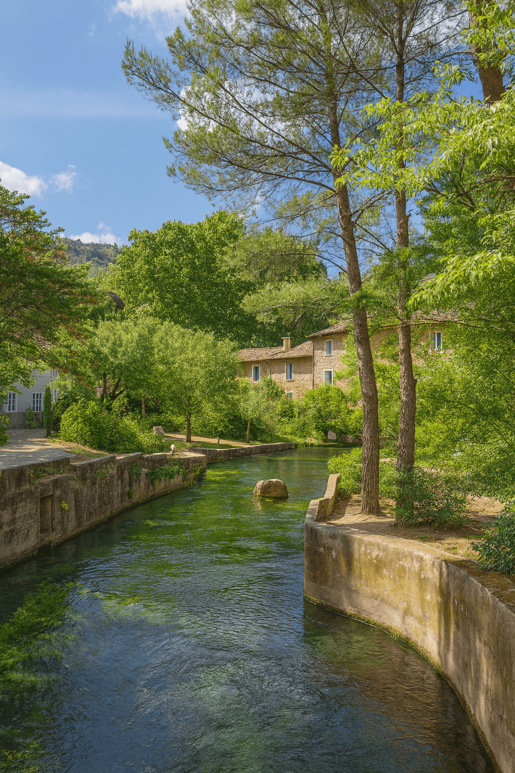 Lieux qui racontent une histoire : Fontaine-de-Vaucluse et la source de la Sorgue au coucher du soleil