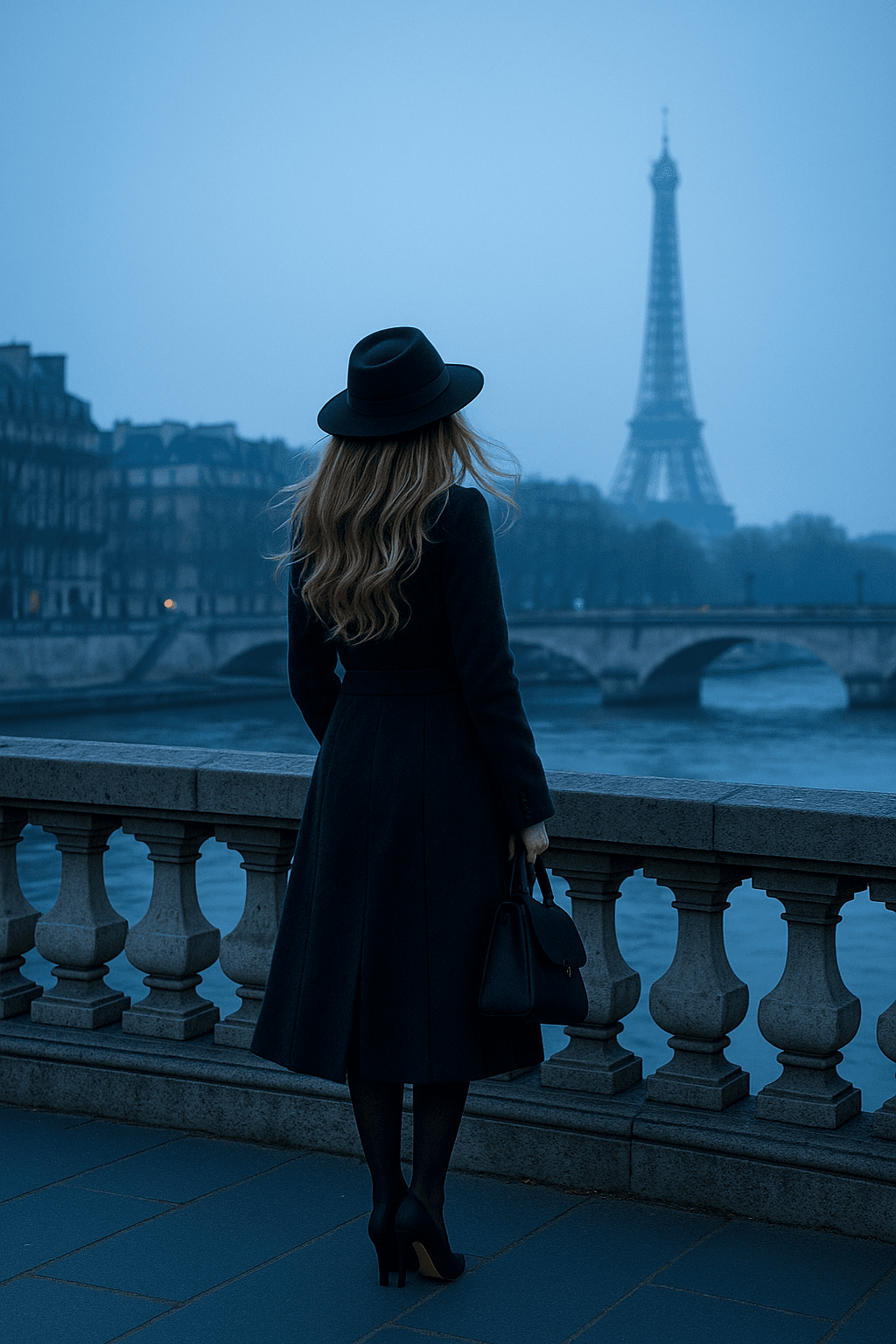 Parigi è blu - donna di spalle su un ponte della Senna in un'alba fredda