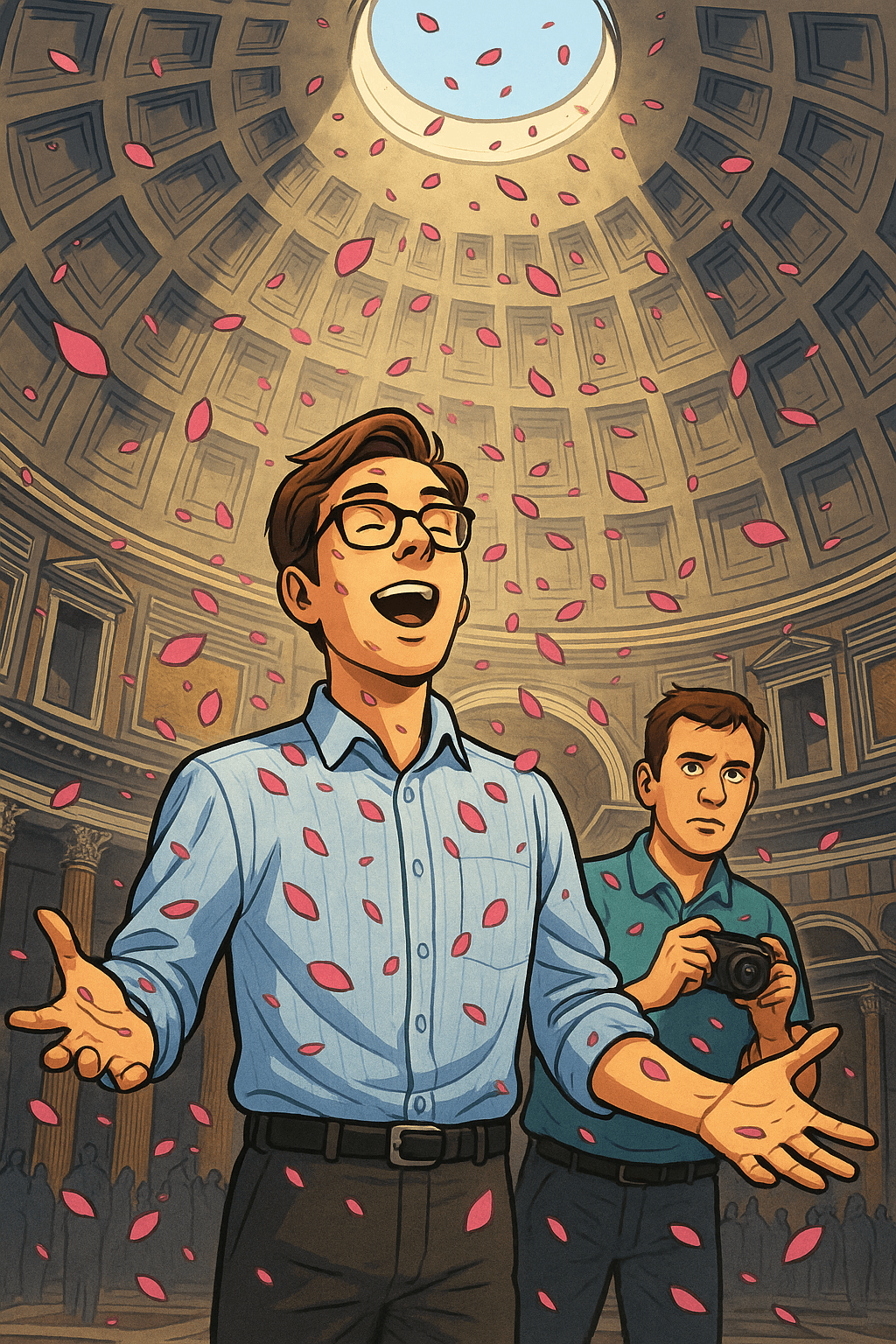 Miles en el Pantheon romano bajo la lluvia de pétalos de rosas