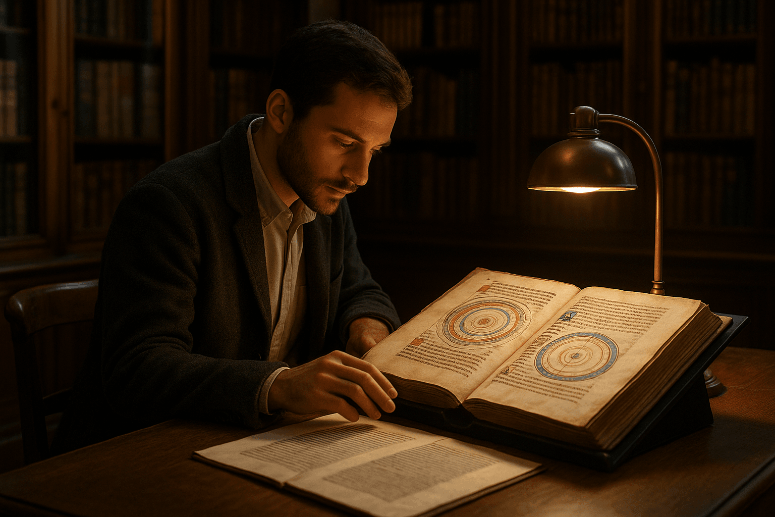 Student in reading room with open codex and astronomical diagrams