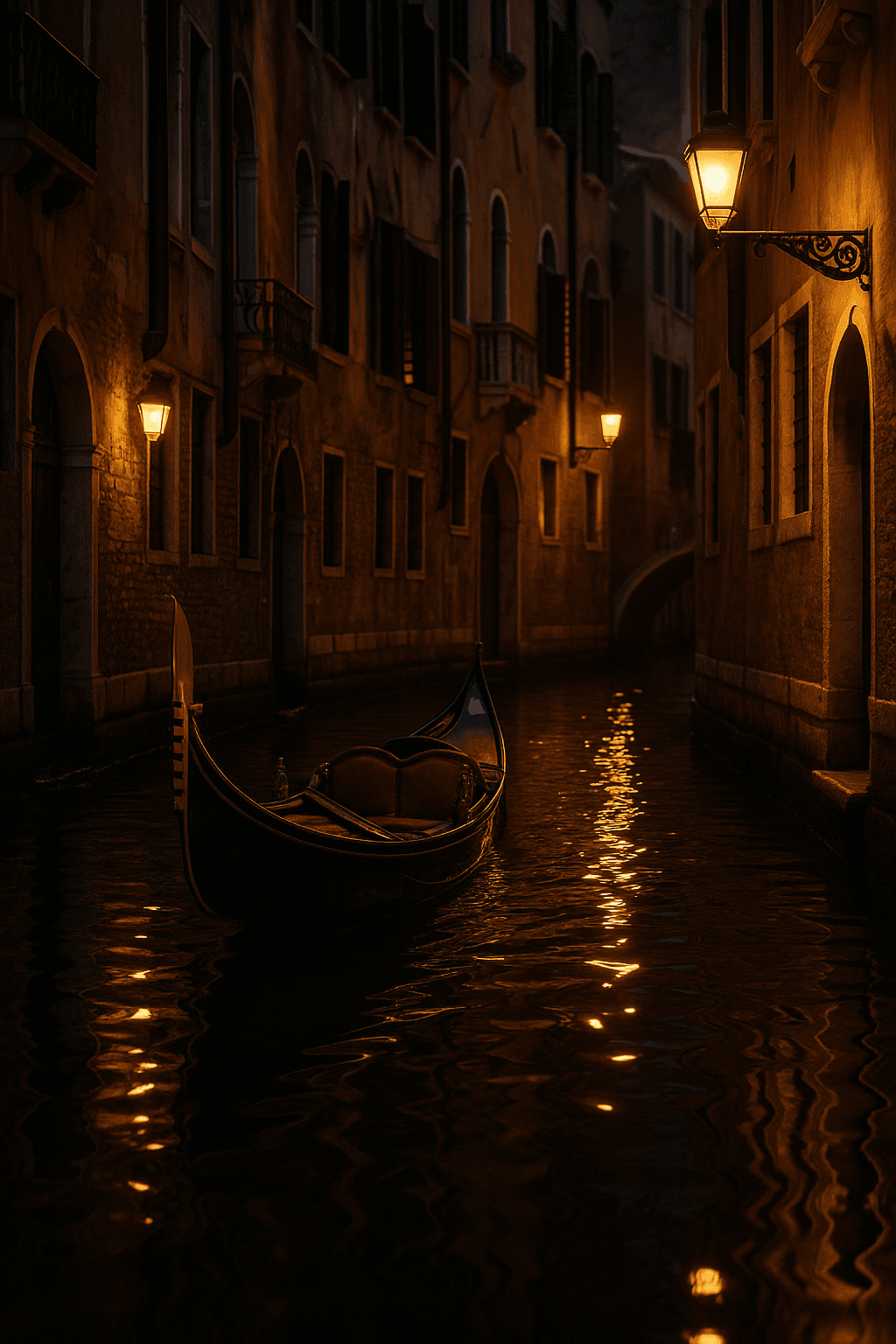 Una góndola se desliza entre reflejos dorados de lámparas venecianas, símbolo del diálogo entre luz y agua.