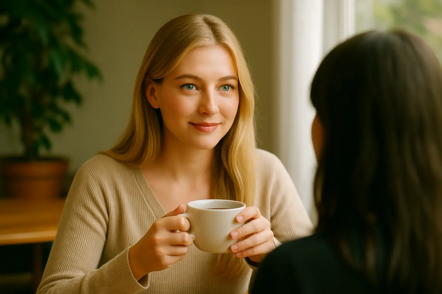 Dos amigas charlando y tomando café · Charlas de café
