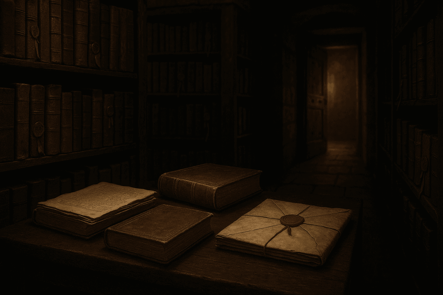 Sala iluminada por una luz dorada en la Biblioteca Vaticana, con mesas cubiertas de manuscritos y un aire de misterio que anticipa secretos antiguos.