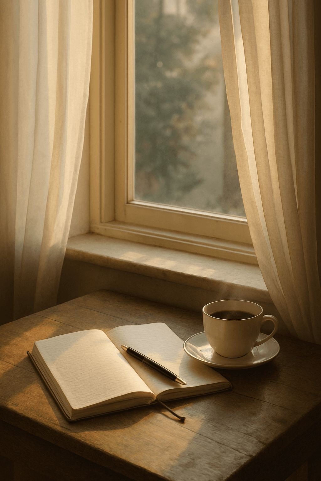Ventana abierta con cortinas claras; sobre la mesa, cuaderno y taza de café en calma. Una invitación a la conversación serena.