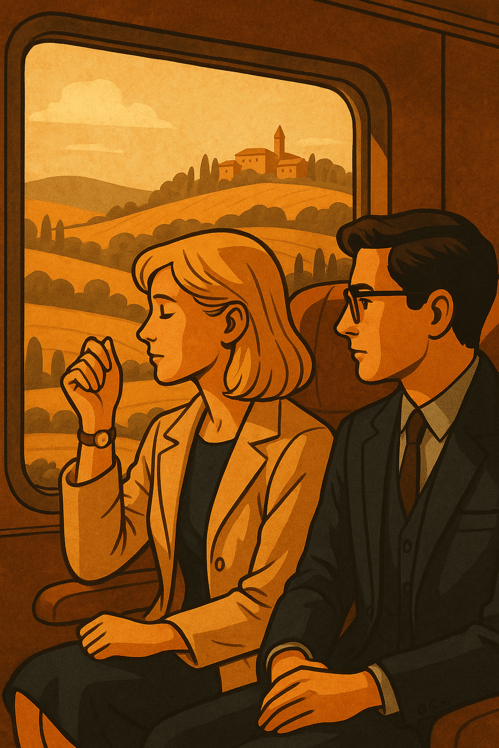 Betsy mirando por la ventana del tren, en una ilustración cálida y vintage, con luz toscana entrando en el vagón