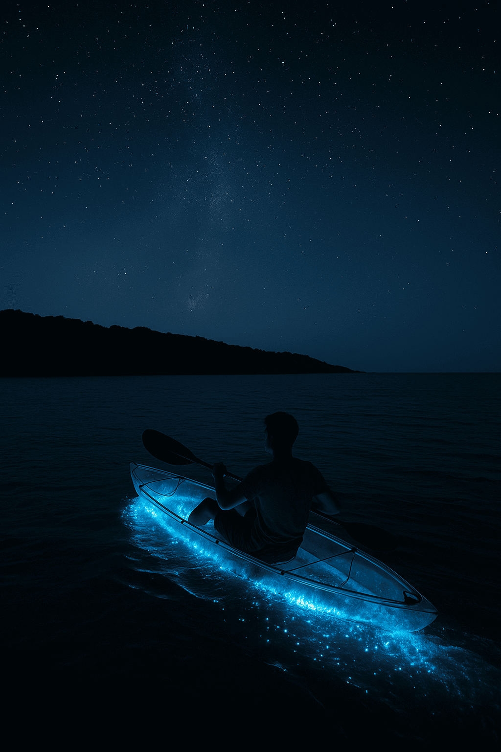 Kayak illuminated by bioluminescence in Mosquito Bay, Vieques