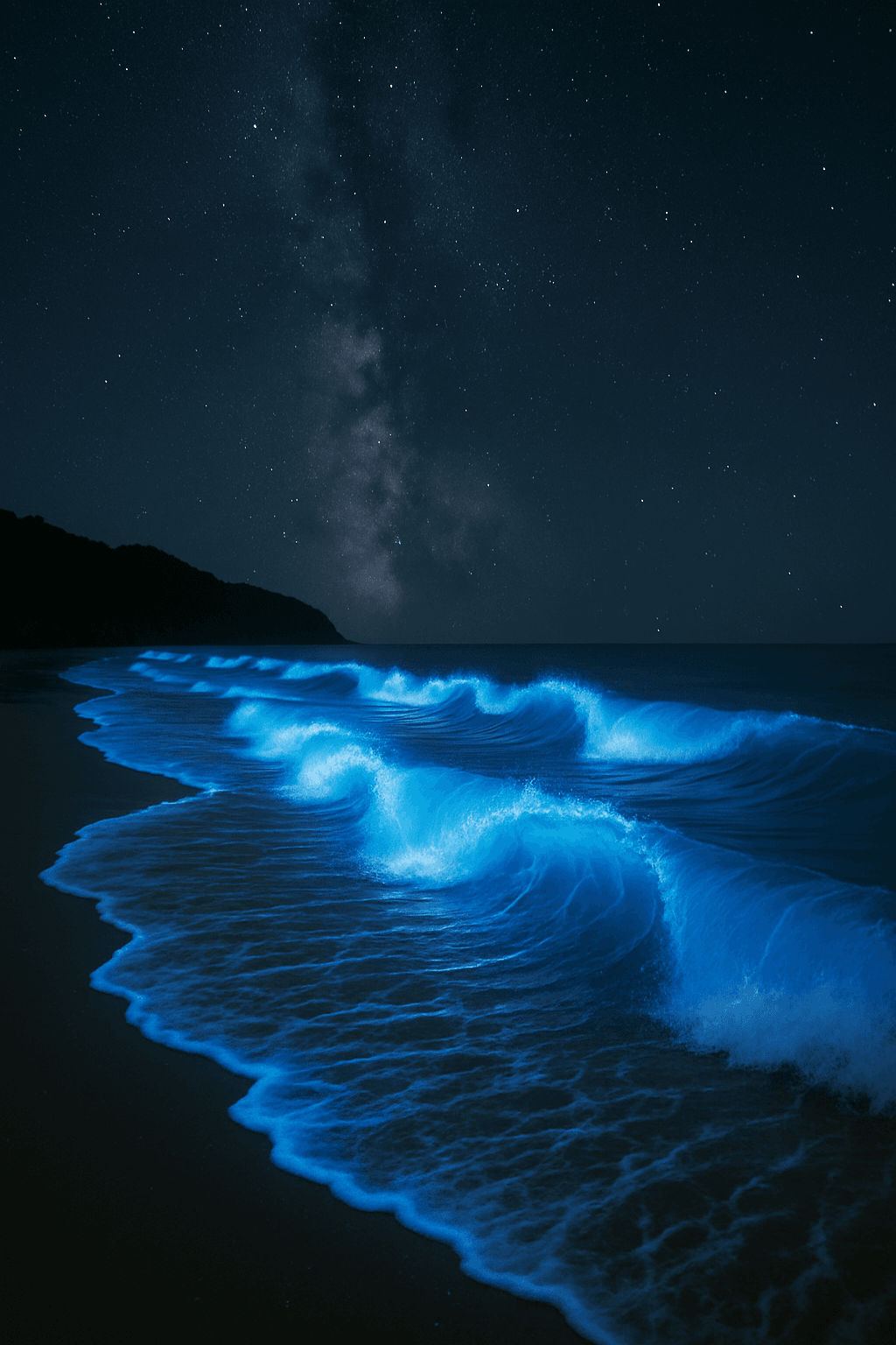 Bioluminescent waves glowing electric blue in Jervis Bay, Australia