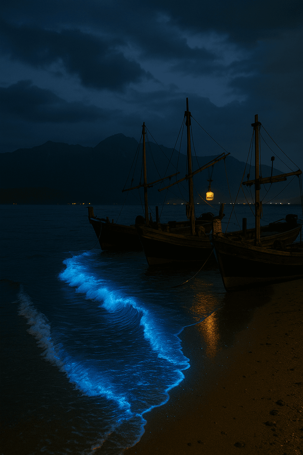 Traditional boats on the coast illuminated by firefly squid in Toyama Bay, Japan