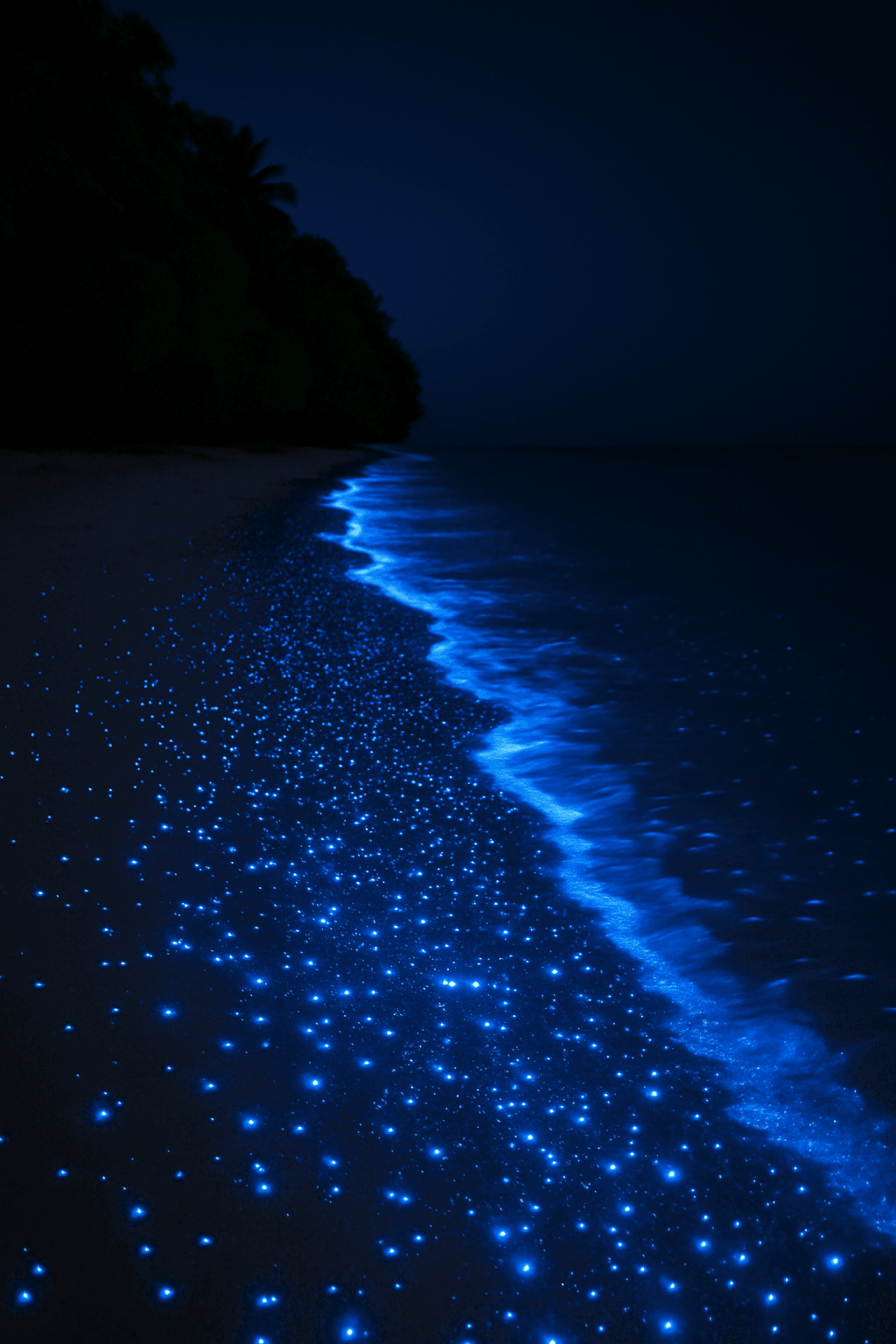 Sea of Stars in Vaadhoo, Maldives, with bioluminescence on the shore