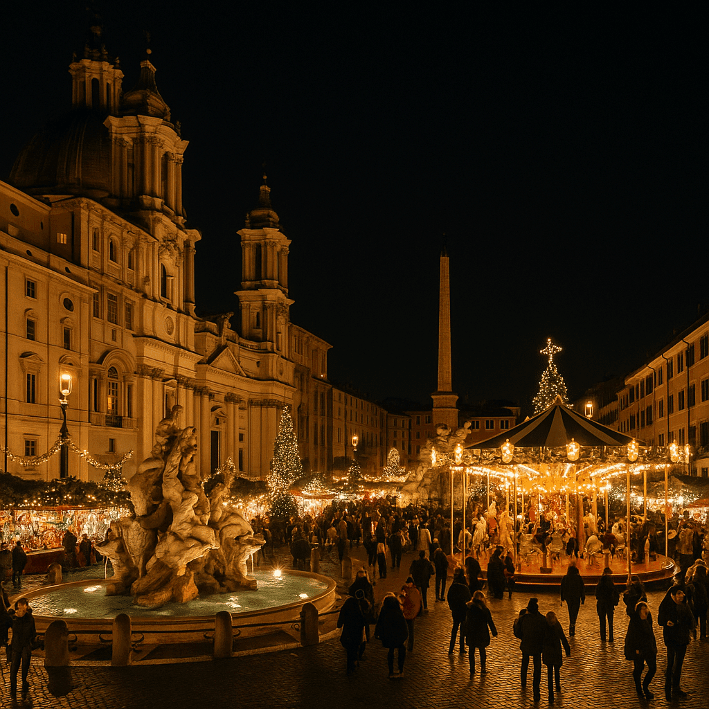 Piazza Navona with a nighttime Christmas market in Rome