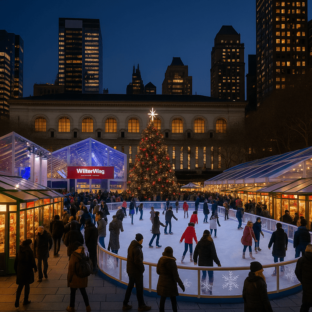 Bryant Park Winter Village with ice rink and Christmas tree