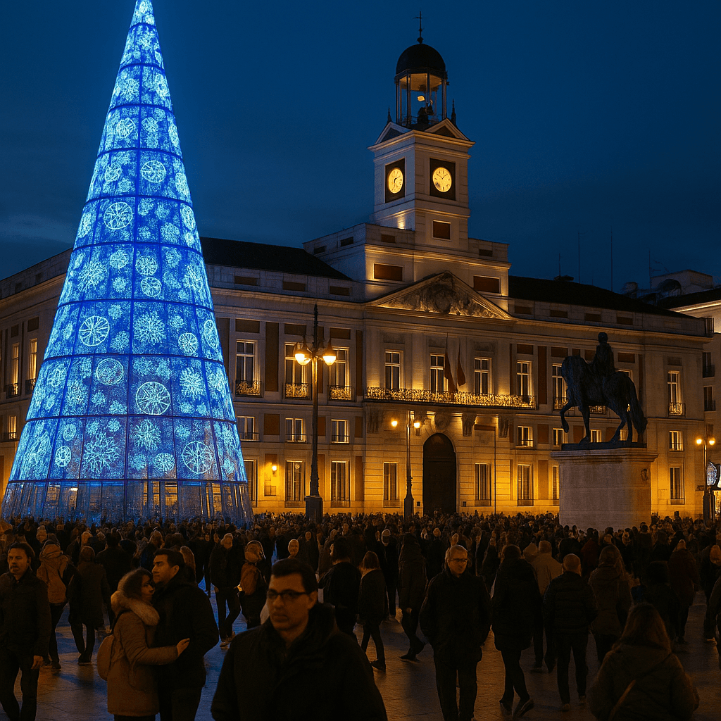 Puerta del Sol in Madrid with a lit Christmas tree