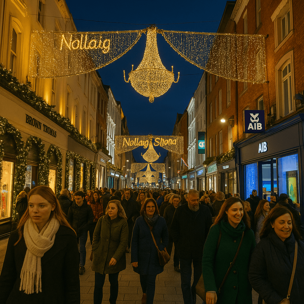 Lively street and Christmas decorations in Dublin