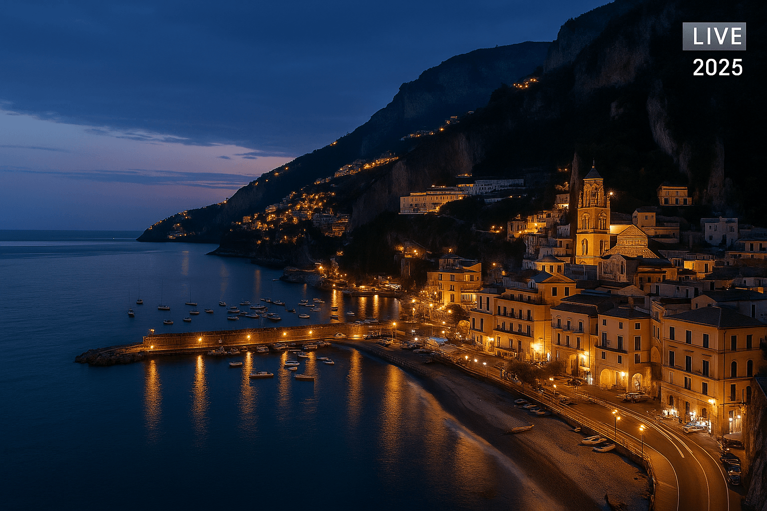 Night view of the Amalfi Coast with lights over the Tyrrhenian Sea