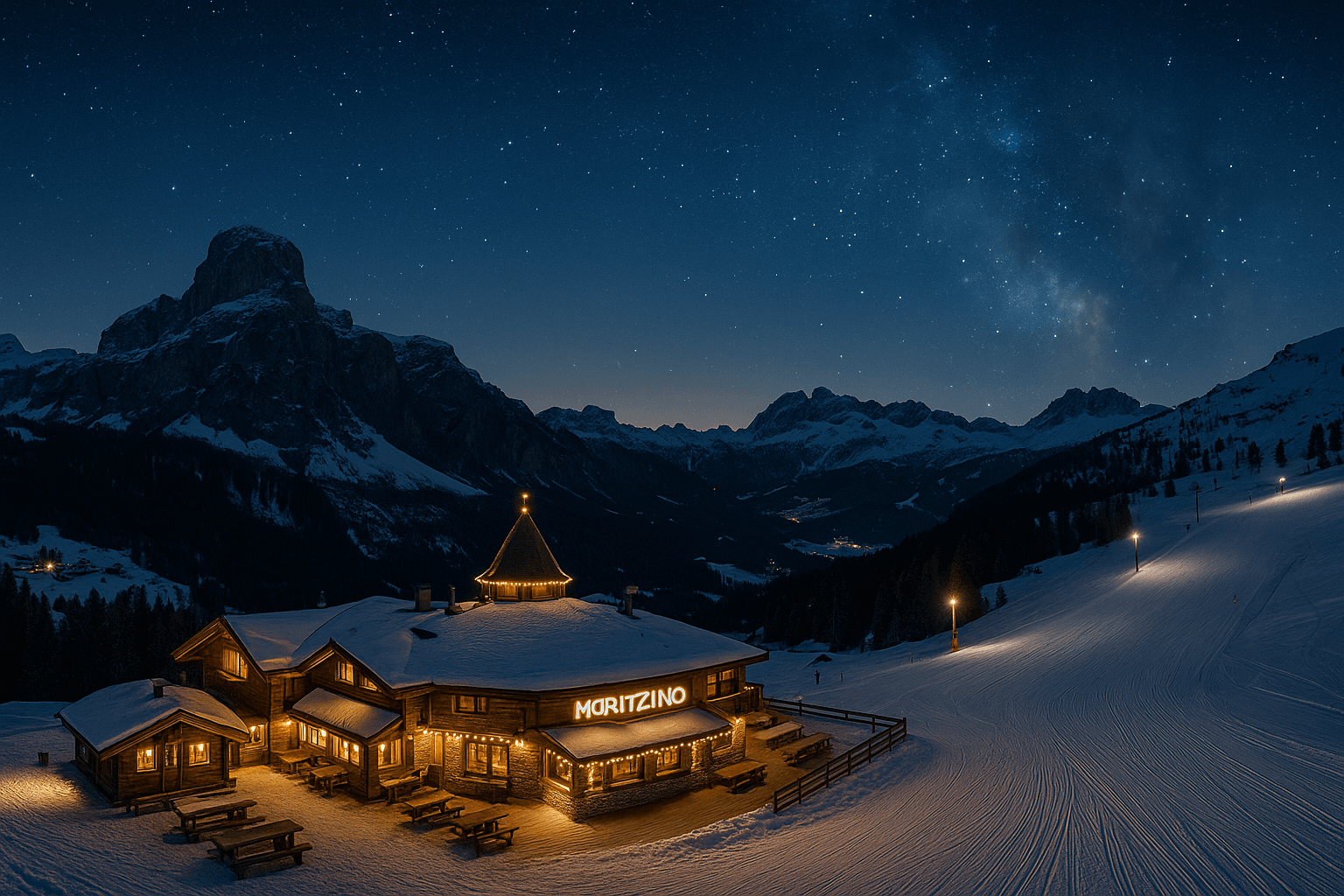 Starry night over the ski slopes in Alta Badia