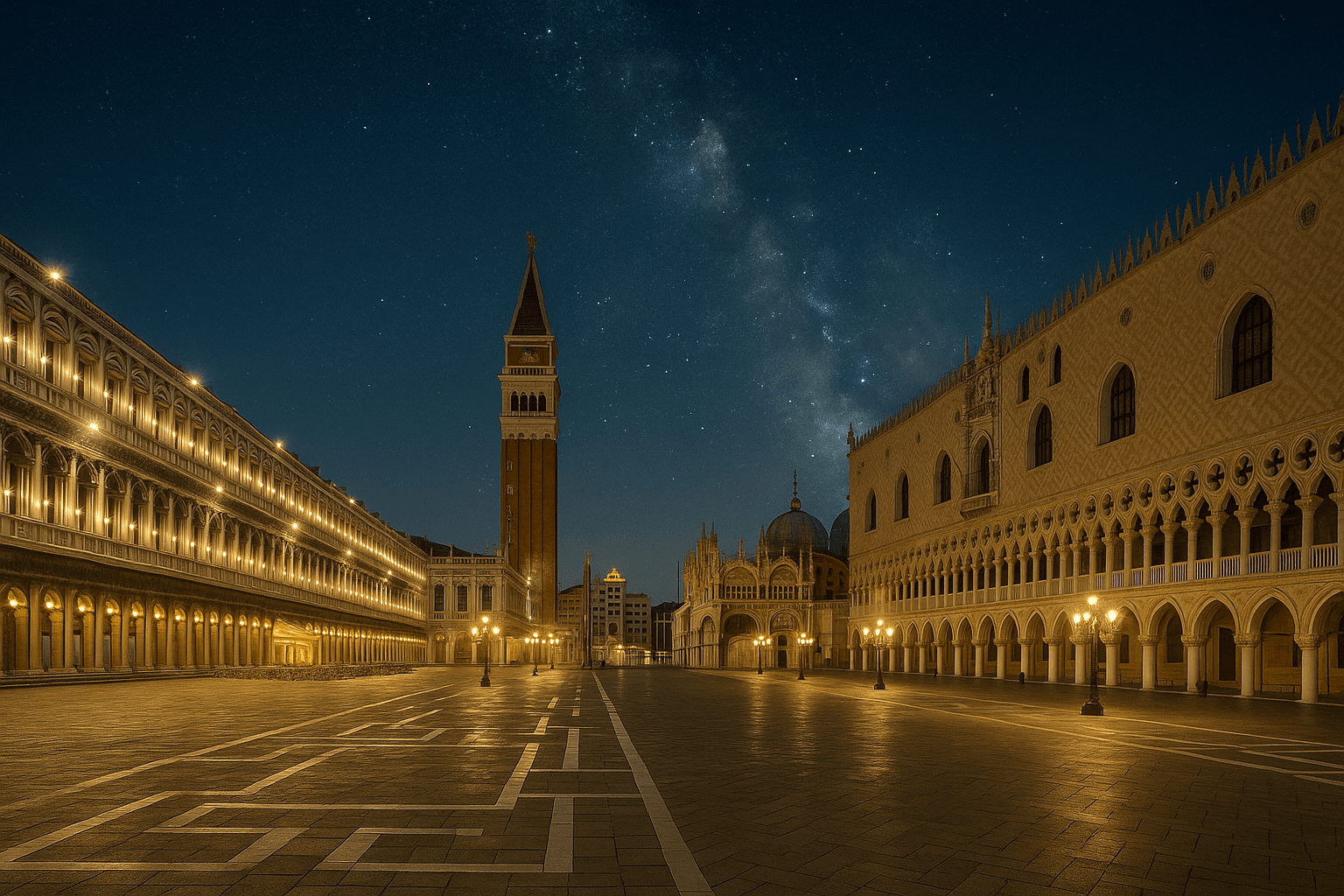 St. Mark's Square in Venice at night with reflected lights