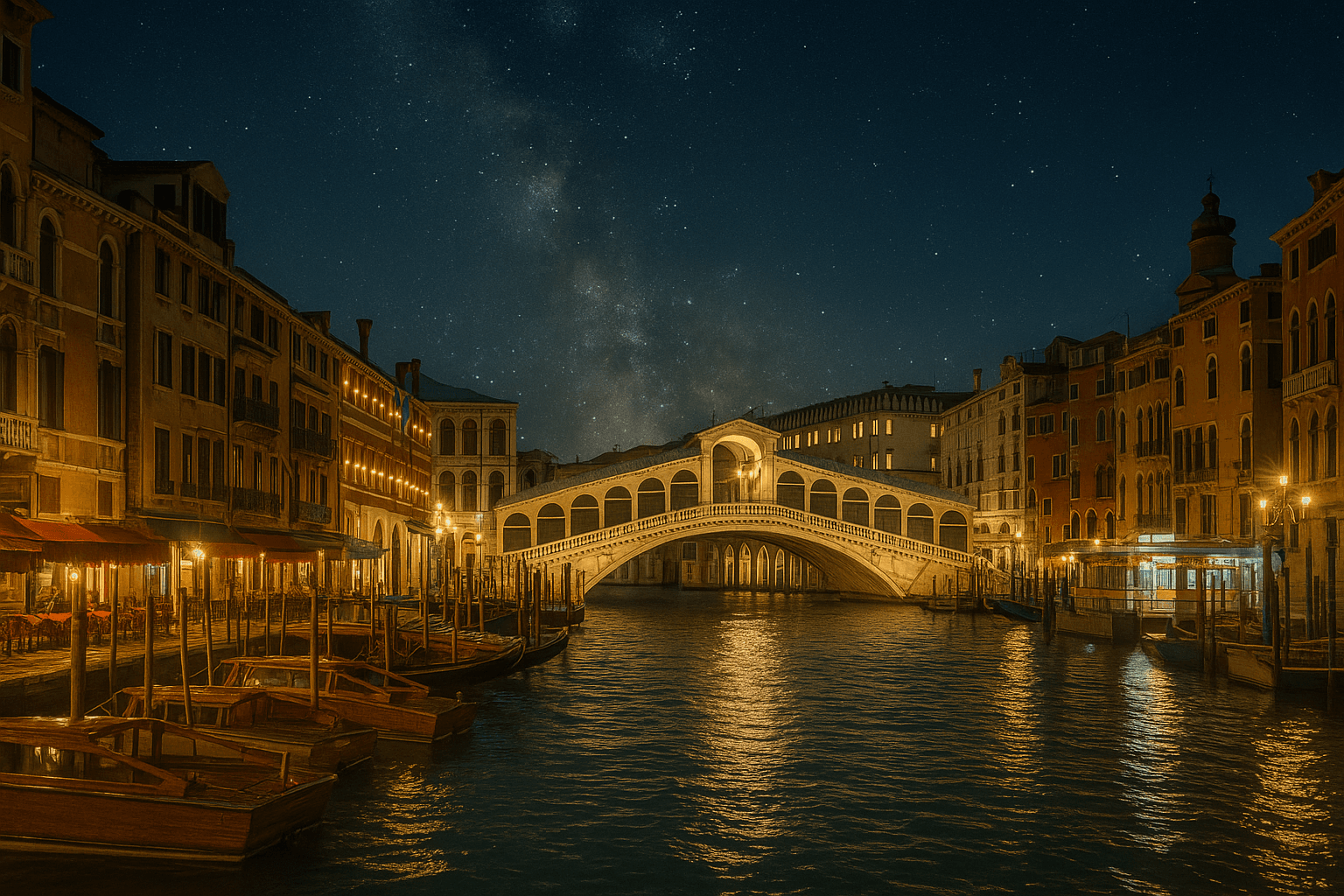 Night view of the Rialto Bridge over the Grand Canal in Venice