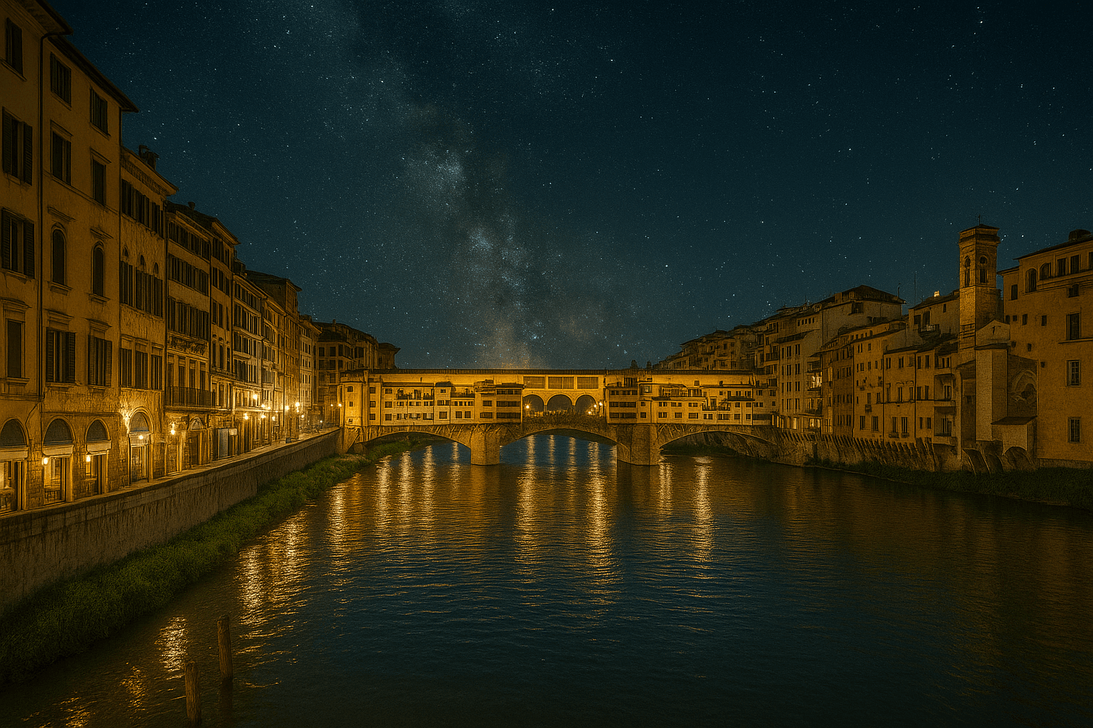 Ponte Vecchio in Florence illuminated at night over the Arno River