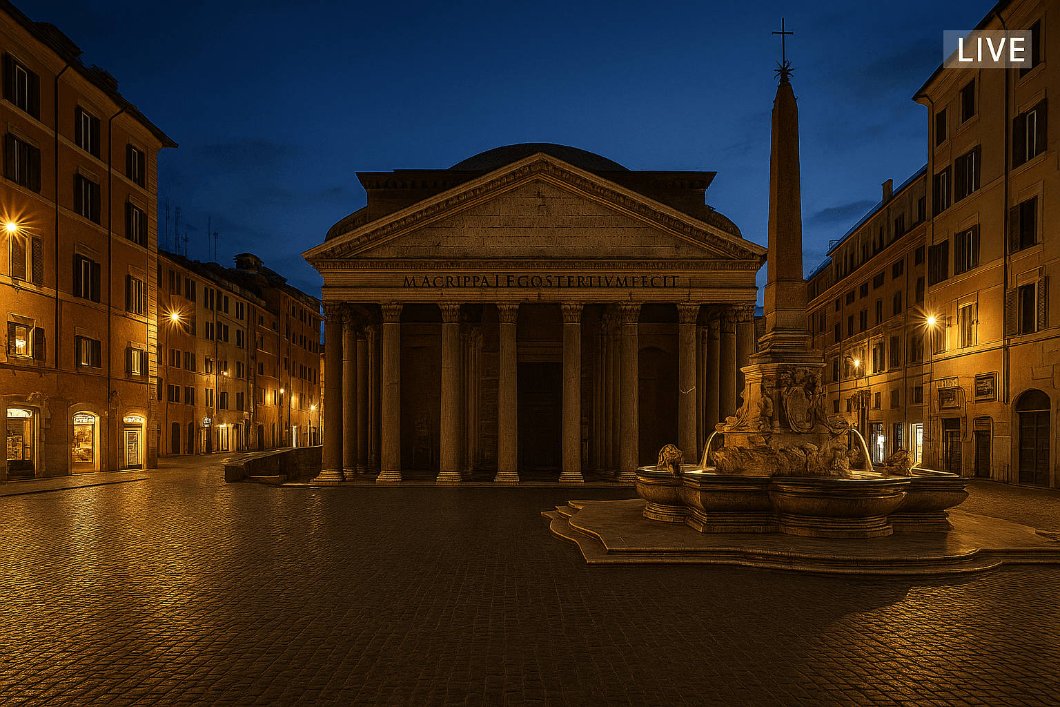 Pantheon Square in Rome illuminated at night