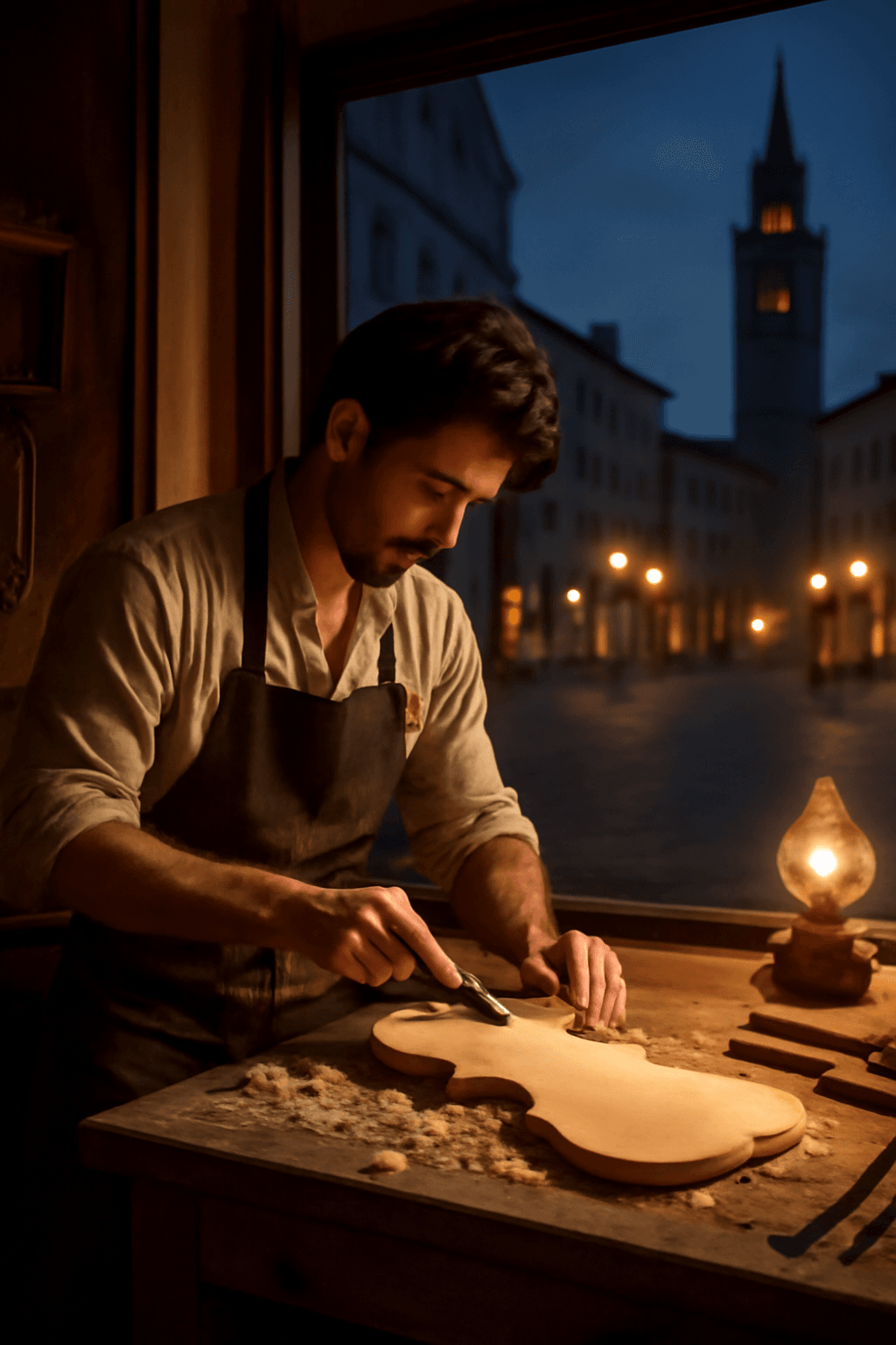 Luthier travaillant dans son atelier, avec la place de Crémone en arrière-plan