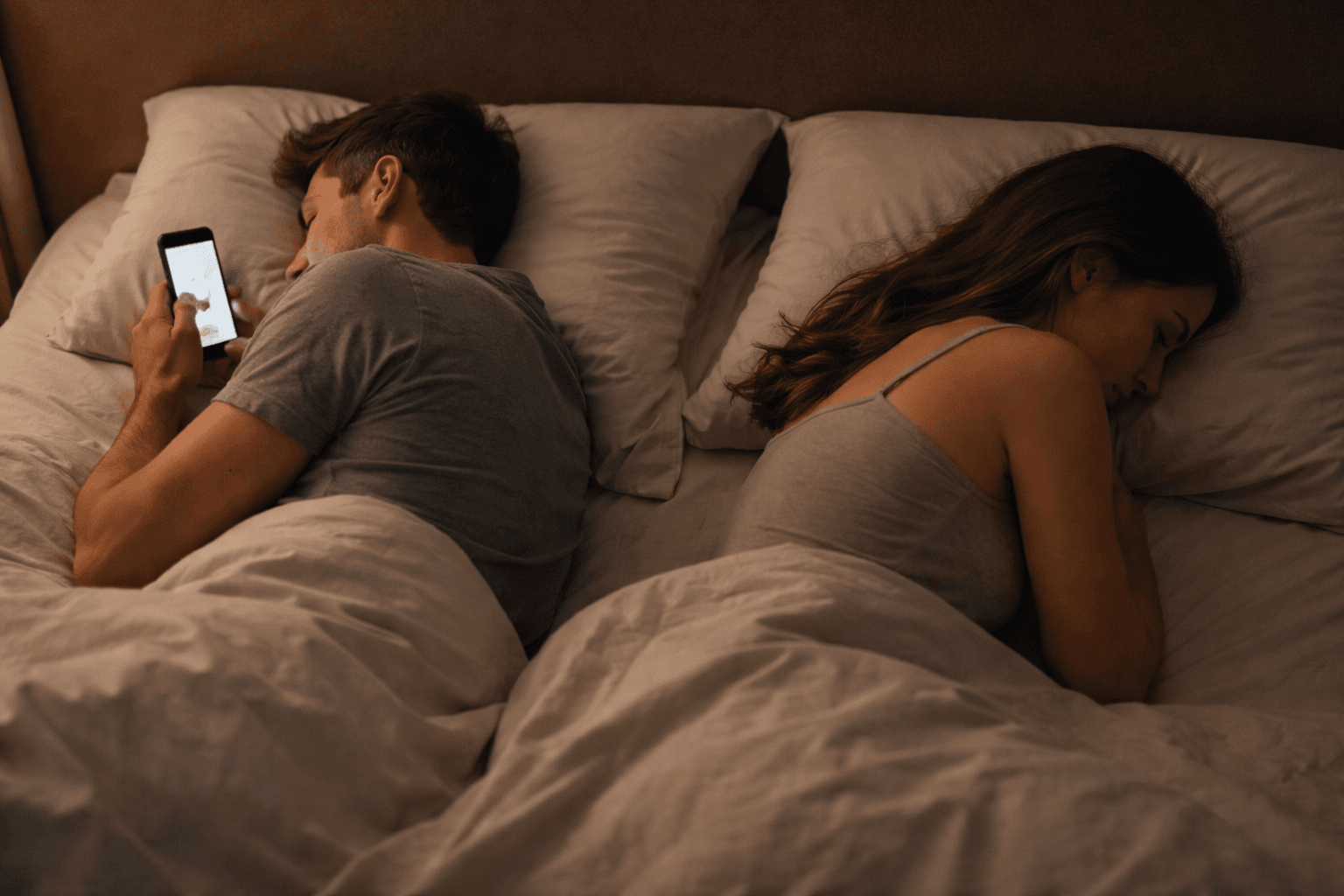 Phubbing y desconexión emocional: pareja en la cama con distancia afectiva y un teléfono en mano
