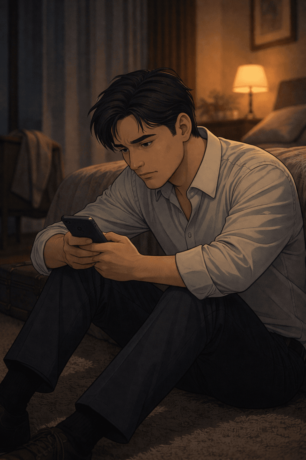 Les Voyages de Miles · Épisode 11 : Miles, assis par terre, son téléphone à la main, est en proie à l’anxiété et au repli sur soi.