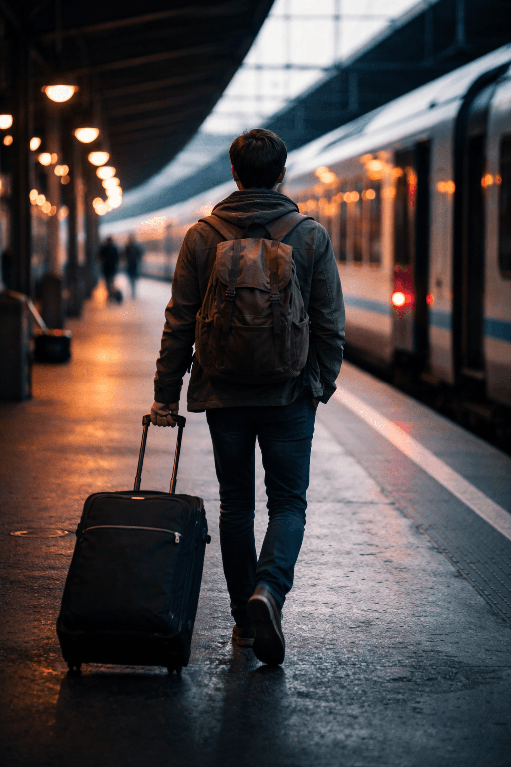 Miles de espaldas camina hacia un tren con una valija. Un viaje que comienza.