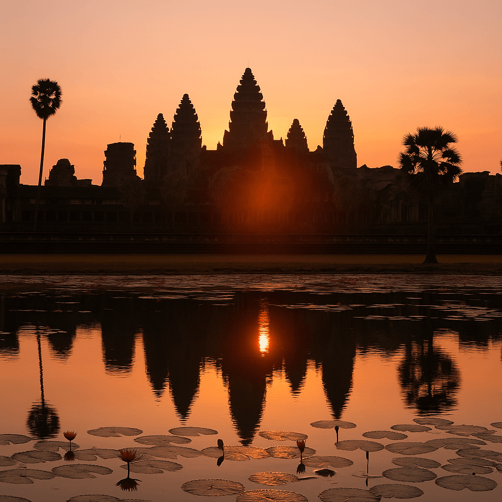 Lever de soleil réaliste sur Angkor Wat, avec les temples se reflétant dans un étang de lotus, une scène clé du voyage de Milo et Betsy au Cambodge.