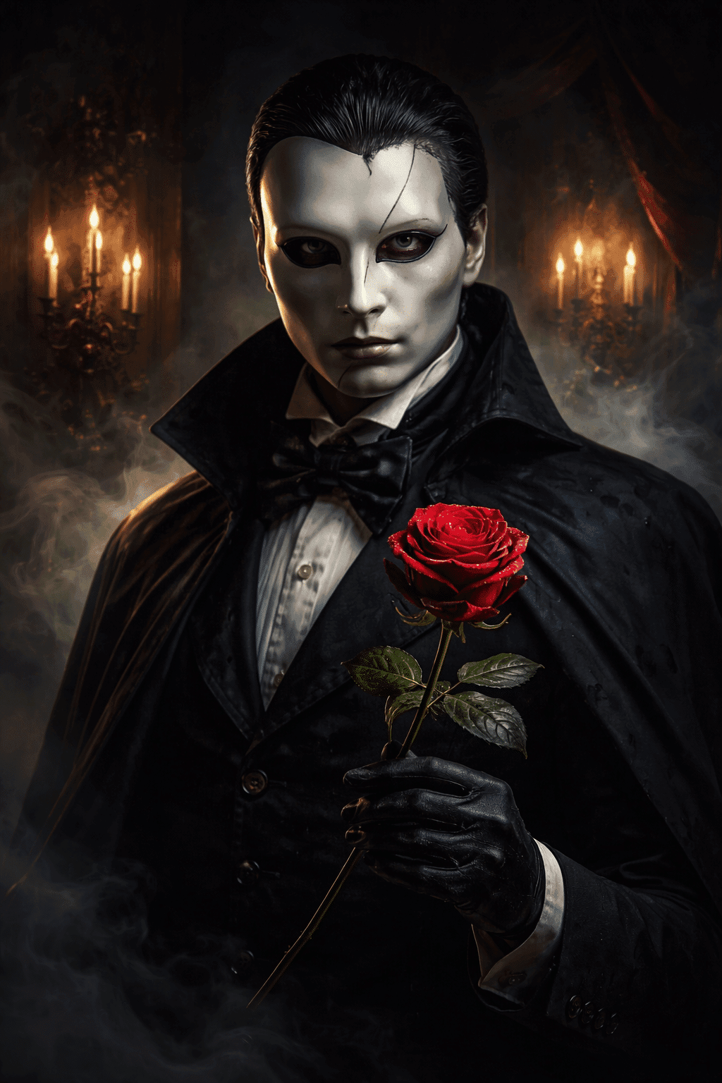 El Fantasma de la Ópera — máscara blanca y rosa roja, atmósfera gótica