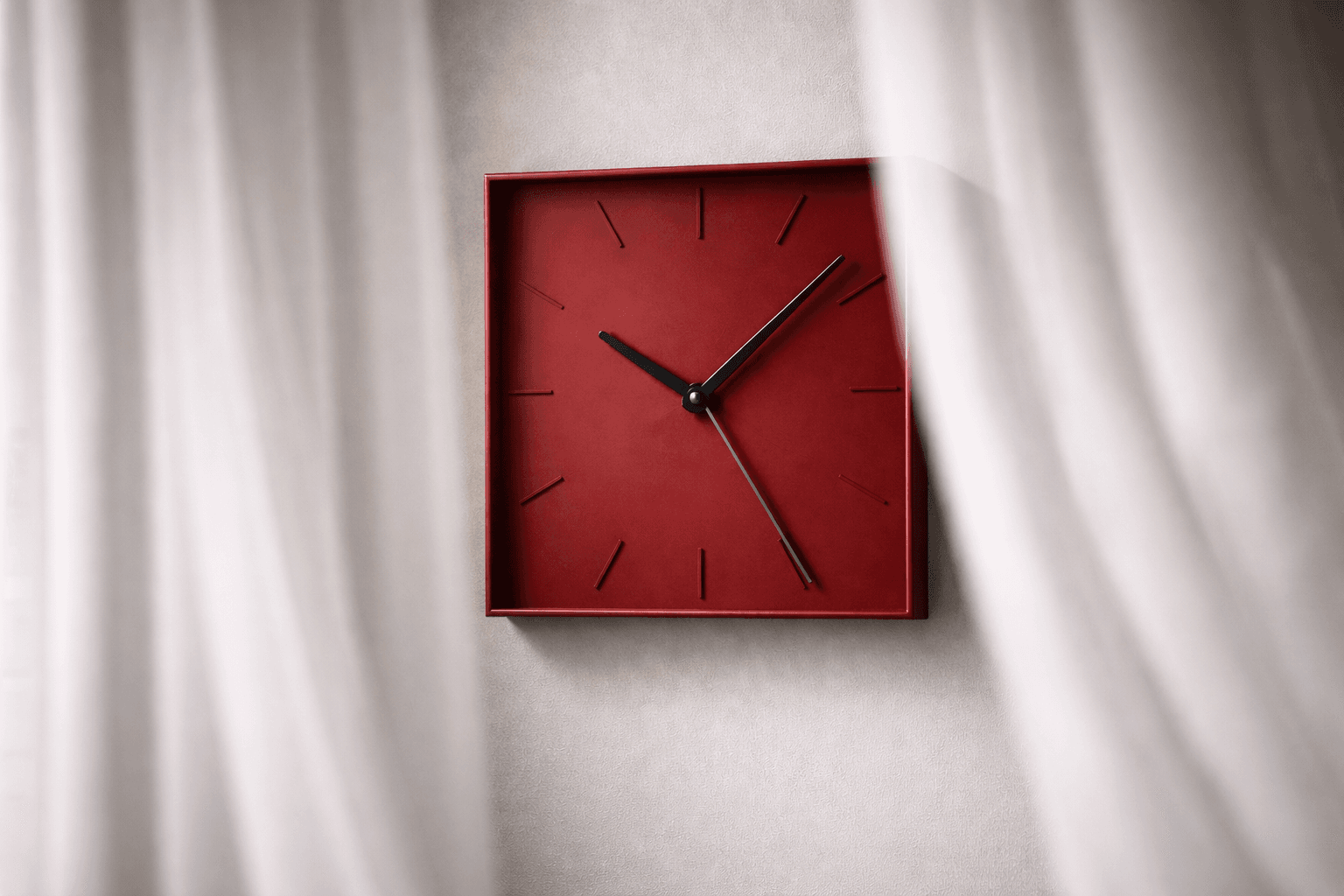 Reloj de pared rojo oscuro, minimalista y angular, parcialmente cubierto por una cortina de voile en una habitación gris neutra