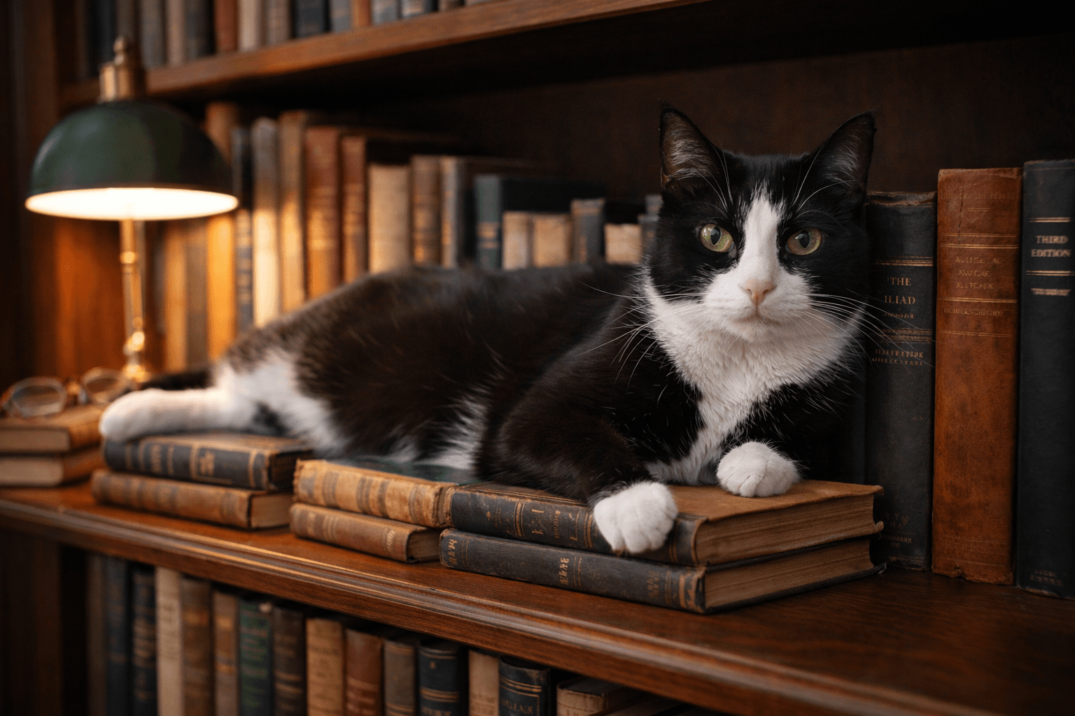 Gata blanco y negro acostada sobre libros antiguos en una biblioteca, símbolo del desorden imposible de controlar