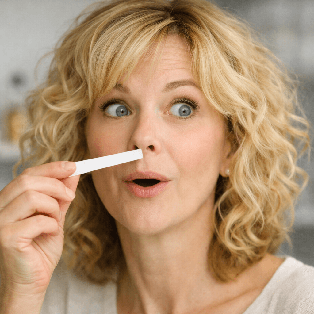 Mujer oliendo una tirita de perfume en un taller de perfumes en Grasse