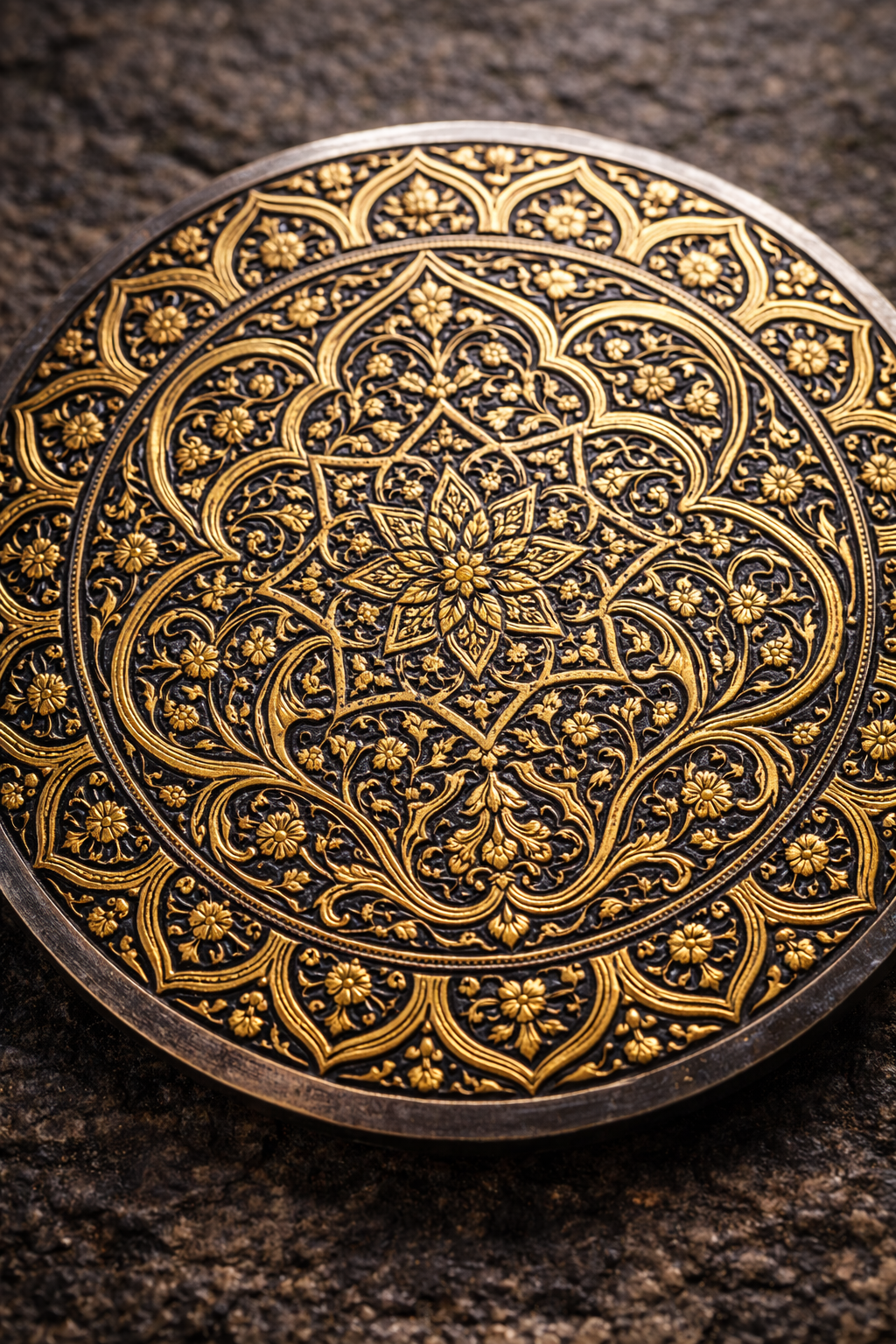 Detail of Toledo damascening with ornamental design in gold on dark steel