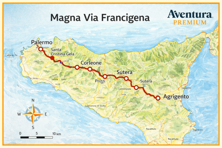 Étapes de la Magna Via Francigena : itinéraire complet Palerme-Agrigente (carte, villes et guide pratique)
