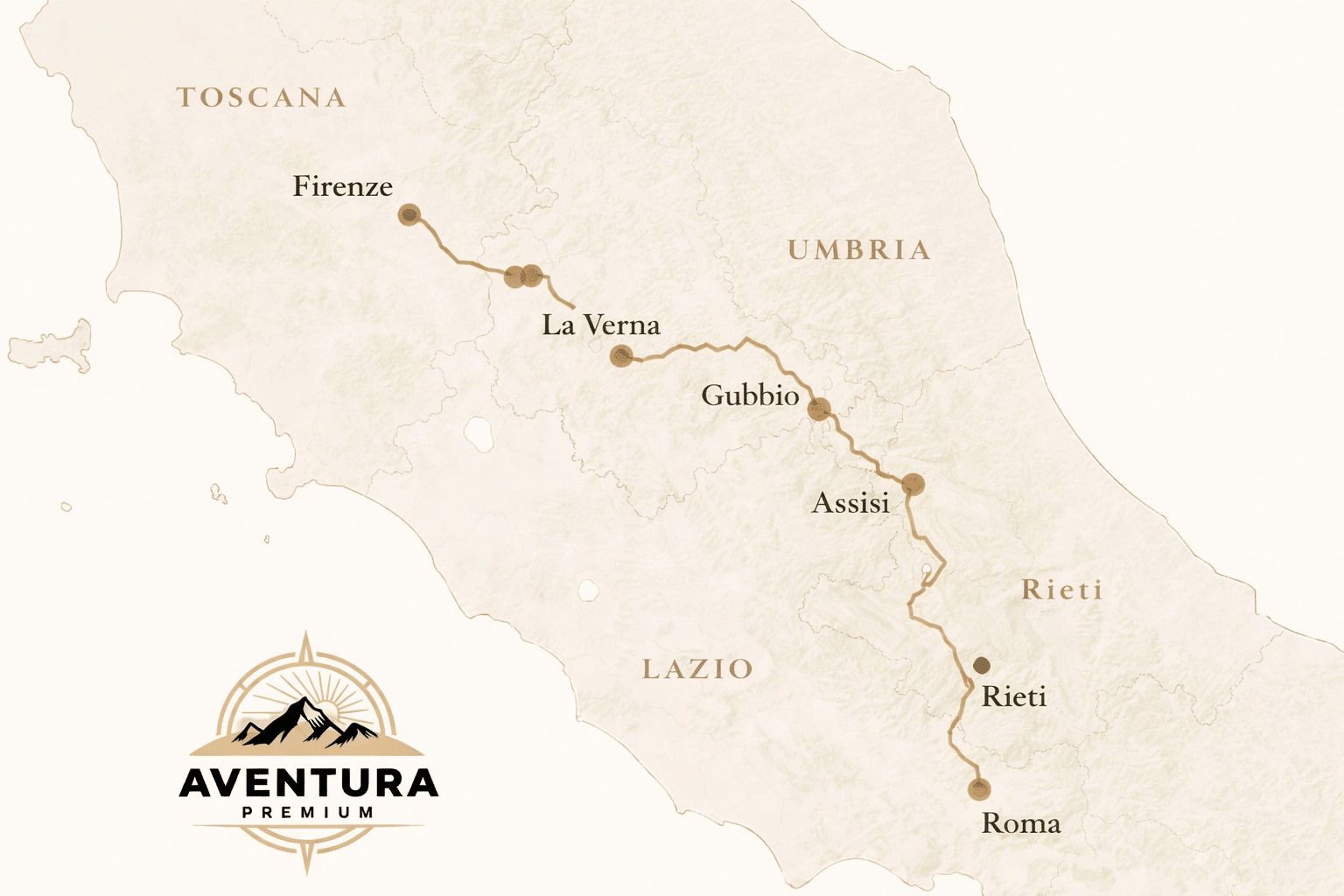 Mapa del Camino de San Francisco en Italia entre Firenze, La Verna, Gubbio, Asís, Rieti y Roma