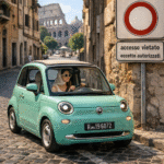 auto entrando en zona ZTL en el centro histórico de Roma con señal de tráfico limitado visible